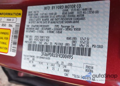 2015 Ford Fusion Hybrid Titanium z USA, uszkodzony, nr VIN 3FA6P0RU3FR300495